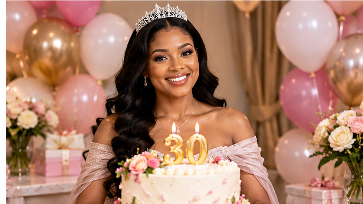 Elegant Nigerian woman celebrating her 30th birthday with a cake and balloons