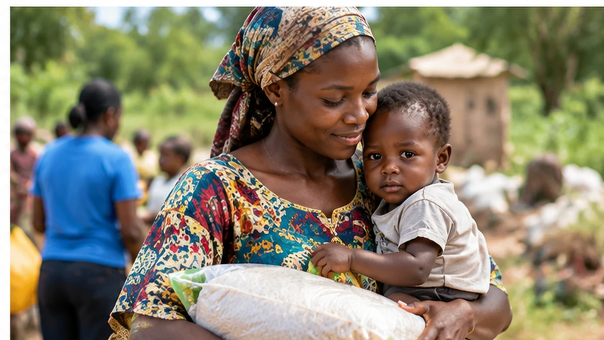 African mother carrying her child and receiving food support